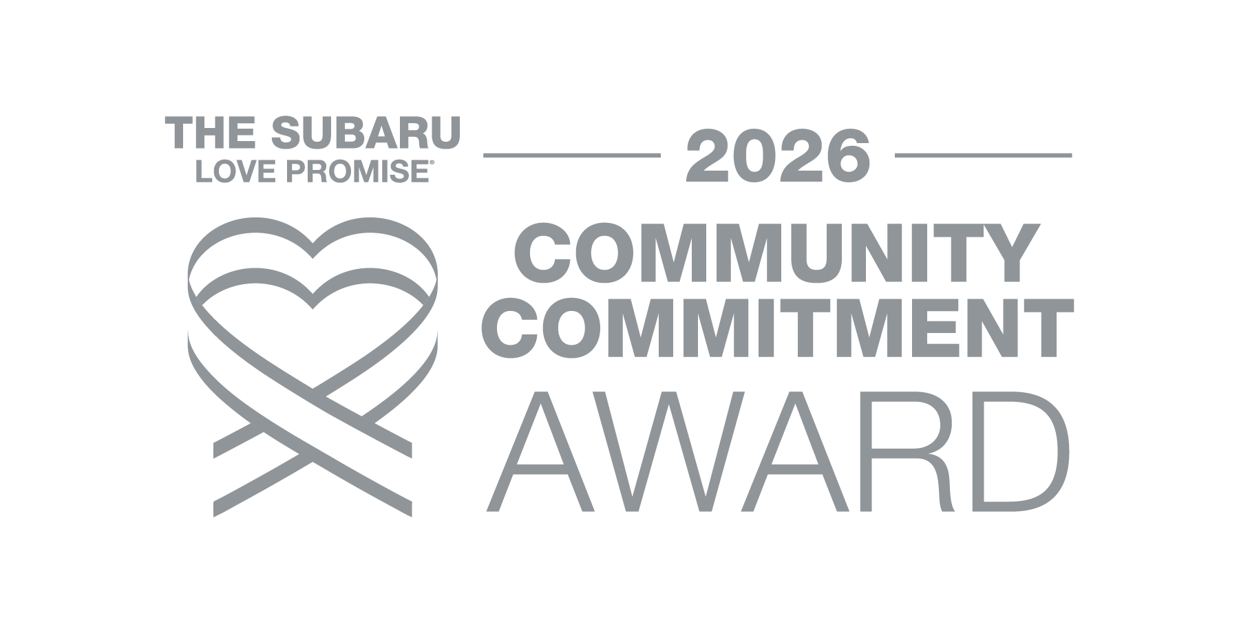 Subaru Love Promise 2026 Community Commitment Award logo, featuring a heart made of intertwining ribbons.